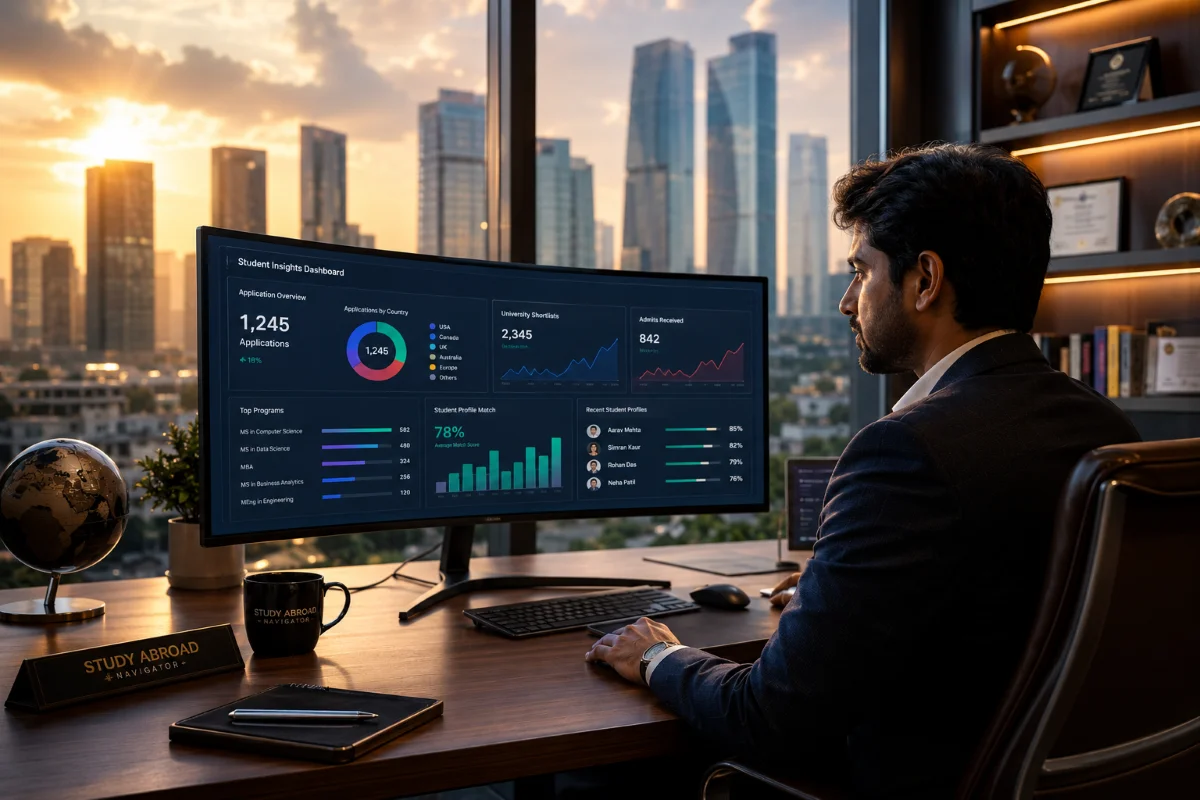 Mumbai study abroad agency owner reviewing dashboard