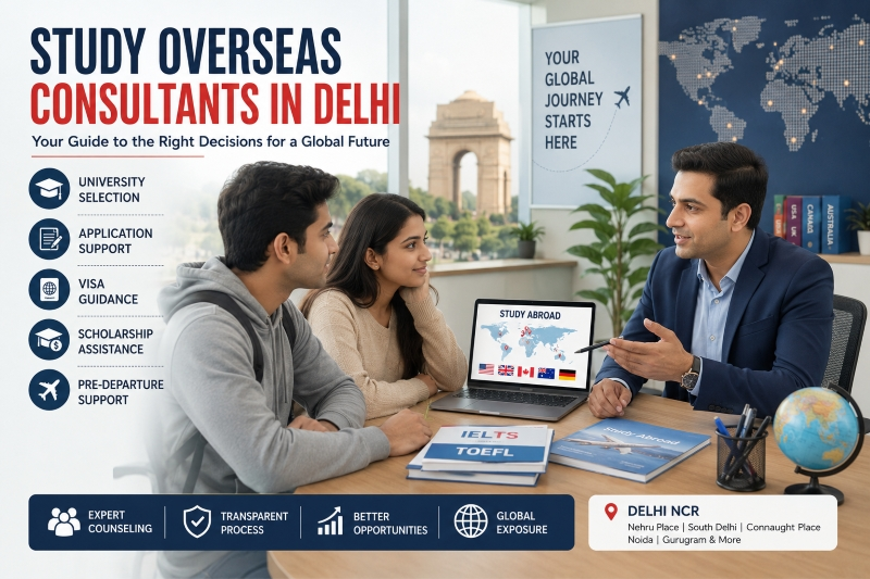 Students consulting with overseas education experts in a Delhi office