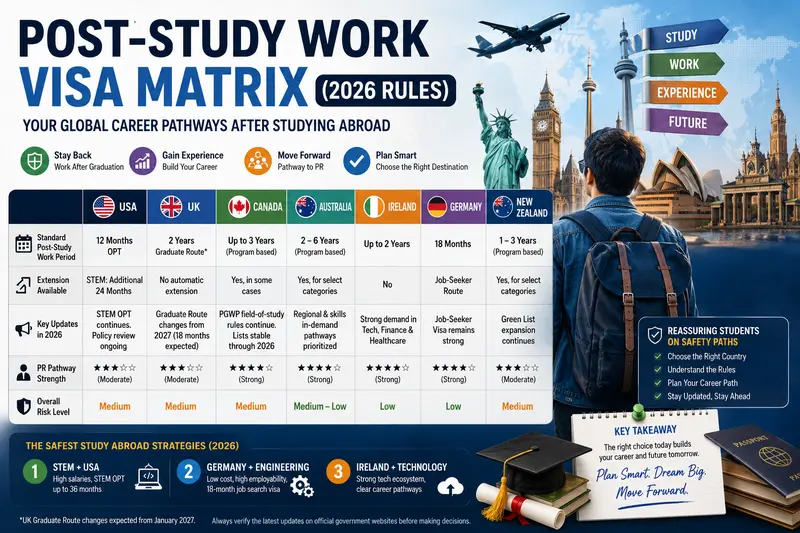 Global map mapping out the 2026 post-study work visa framework across 10 major economies